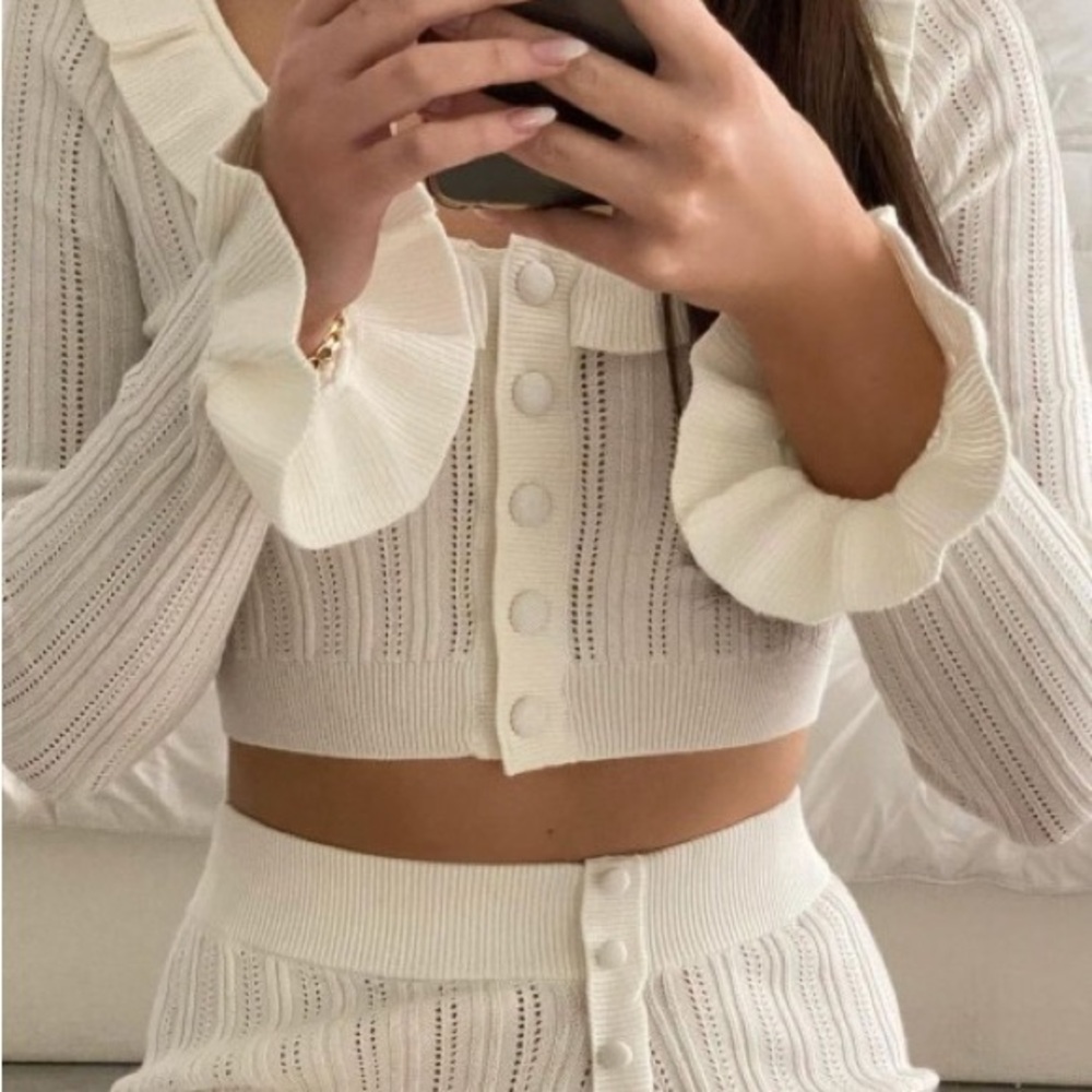 FL&L White Camille Pointelle Knit Top and Bottom Set
